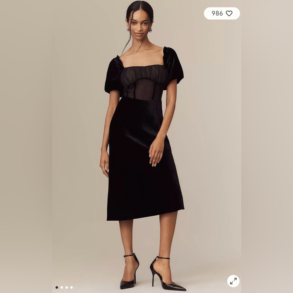 By Anthropologie Puff-Sleeve Mesh Velvet Midi Dress